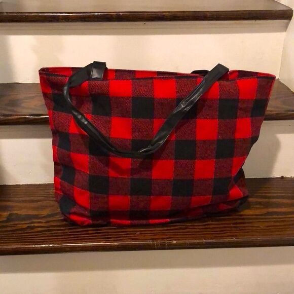 RED BLACK BUFFALO PLAID Flannel Christmas Holiday Tote Bag With Zipper Closure - Picture 4 of 8